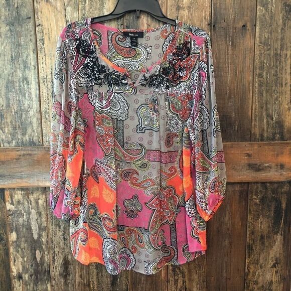 Style & Co. Sz M Sheer Orange Paisley Embroidered Lace Bohemian Blouse - Picture 2 of 7